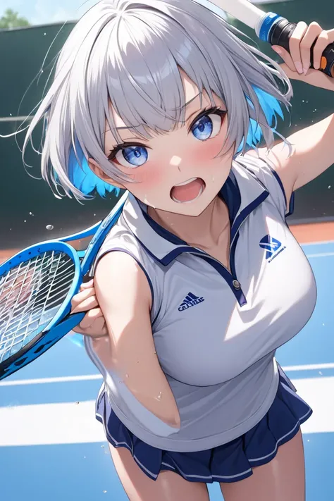 （masterpiece、 best quality：1.2），***One high school girl， Silver Hair， blue eyes，very short hair ，pixie cut，Sharp face ，Tennis Spray Final Match ，High school tennis club captain， dynamic sports motion 、The moment I hit the ball with my racket 、 An aphrodisi...