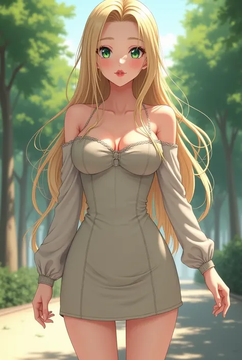 anime realism, realistic, detalles ultra realistics: velvety skin,  long blonde hair and green eyes.combed to one side, symmetrical lips, bright red light_ lipstick, _eyelashes, students, BREAK, ultra realistic 8k cg,  masterpiece  ,((( full body ))), The ...