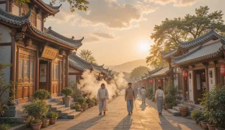 Warm colors，In the morning light of the Tang dynasty，a peaceful village，Cooking smoke rises 。