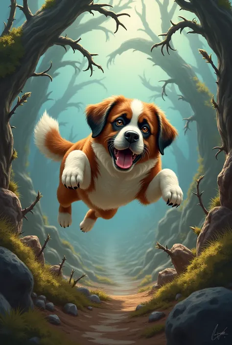 image of a St. Bernard dog falling into an animated thorn pit