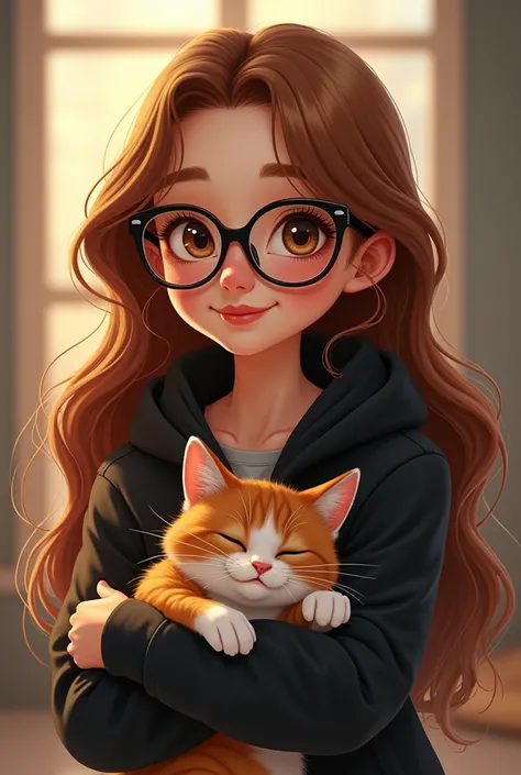 Animated woman with long brown hair who wears glasses who wears a black poleron and who carries a cat with her 