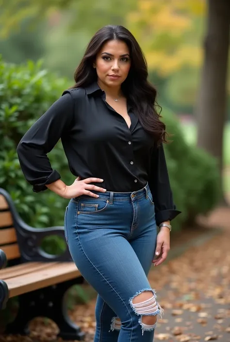 please make me a photo of a young woman in her 30s standing in a park with trees and bushes in the background. She is wearing a black blouse and ripped blue jeans. She has long black hair and is looking seriously at the camera,She has a size 44 breast, rou...