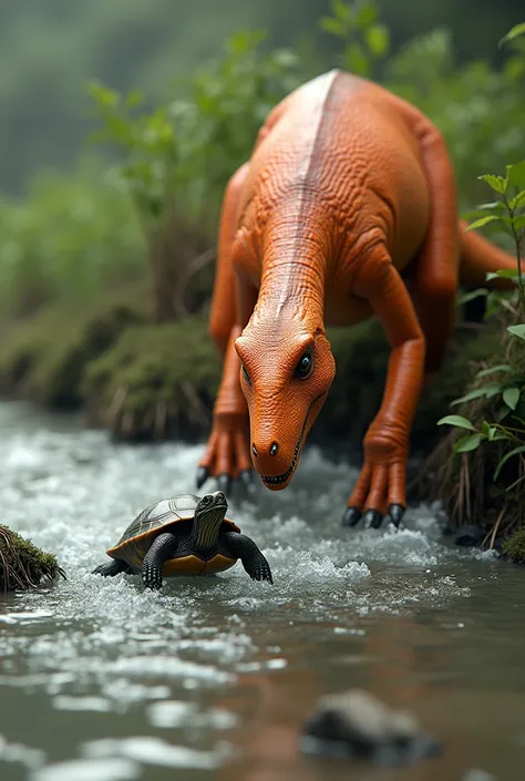 Yesterday , when the dinosaurs were drinking water by the river ,  who sees you RR The turtle is trying to swim across the river but the flowing water makes the turtle very preliminary The turtle screams: " Dinosaur , save me with !  I am not a river throu...