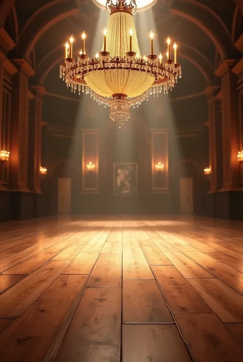 A long wooden dance floor with no people, in a wide view, have a beautiful chandelier