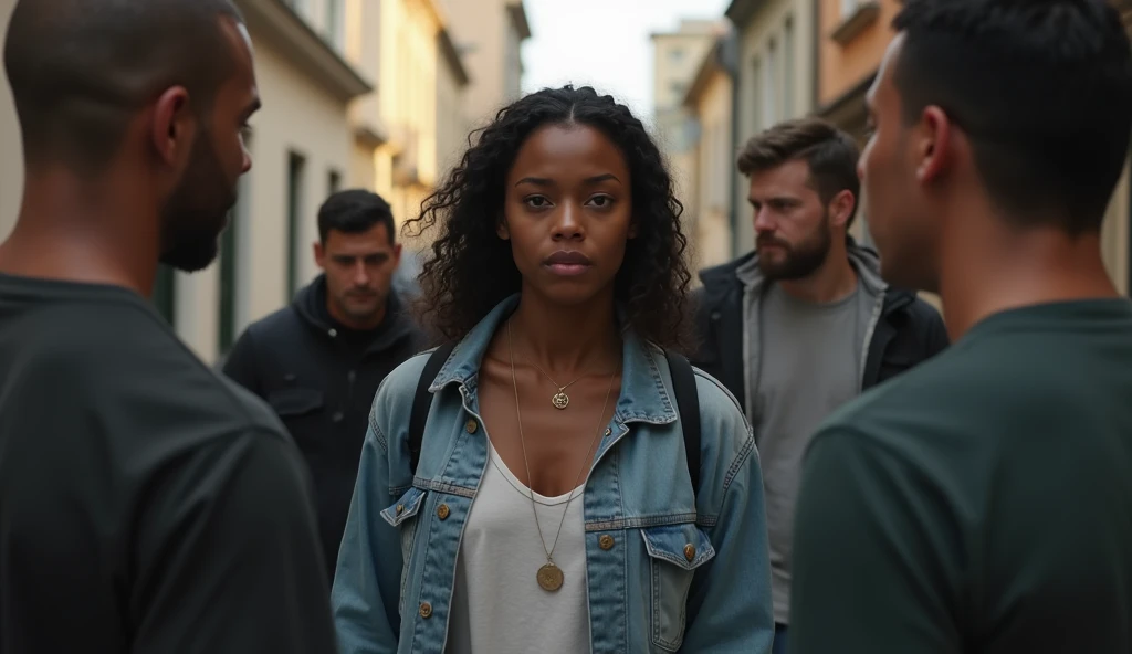 high resolution, tense street scene, young African-American woman, Alicia, walking down a quiet street, encountering a group of men arguing, one white man, Tomás, looking aggressive, hostile confrontation, Alicia’s calm yet determined expression, city side...