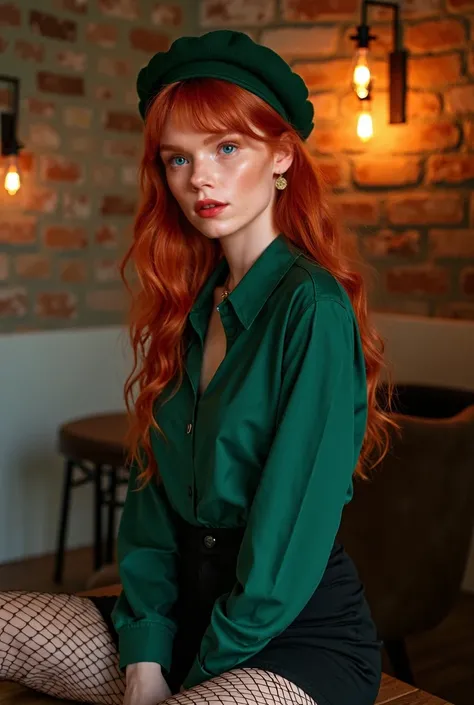 22-year-old woman with long, wavy red hair with bangs, blue eyes, cat-eye eyeliner, wearing a dark green beret, a dark green blouse matching her beret, black miniskirt, black fishnet stockings above the knees, round gold earrings, the scene in the backgrou...