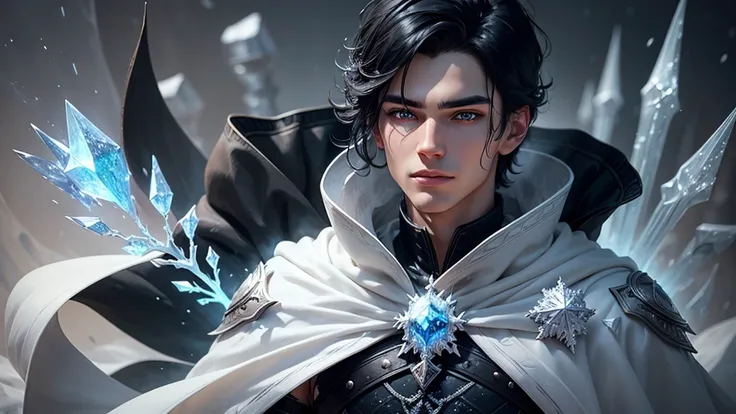 A handsome boy with ice crown, black hair, using ice magic, snowy background, detailed facial features, beautiful eyes, detailed nose and lips, intricate ice crystals, magical ice effects, snowflakes, realistic 3D render, cinematic lighting, fantasy art, h...