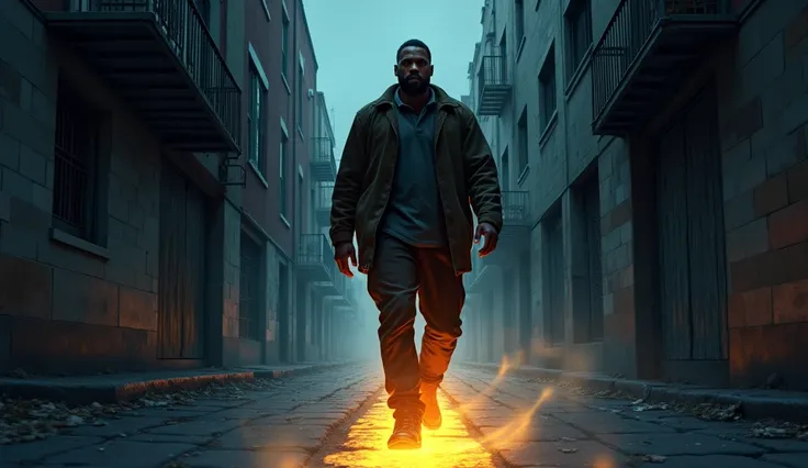 An African American father figure walking down a dark alley with glowing footsteps, symbolizing his journey toward redemption for his . illustrated in a comic book style