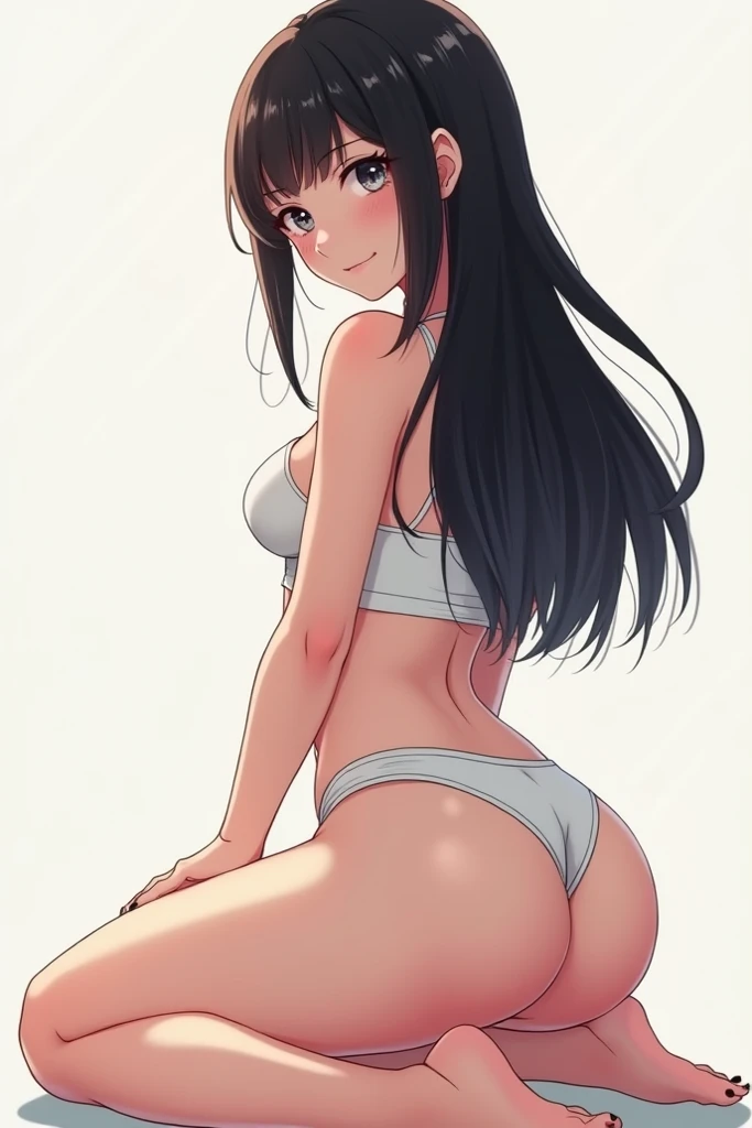 Make a female character with anime traits,  do her wearing tight shorts that highlight her curves and go inside her ass and you can see the mark of the panties, And at the top she wears a white top she has straight black hair that goes up to half her back ...