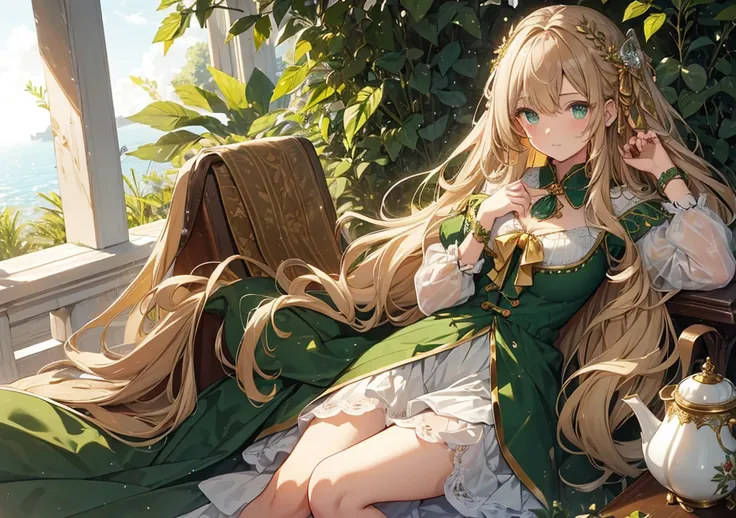 bathed in the refreshing morning light. Her light brown, almost golden, medium-long hair flows smoothly in the wind. Her eyes are a clear emerald green, like jewels that sparkle in nature. Her hair ornament uses a ribbon designed to resemble freshly picked...