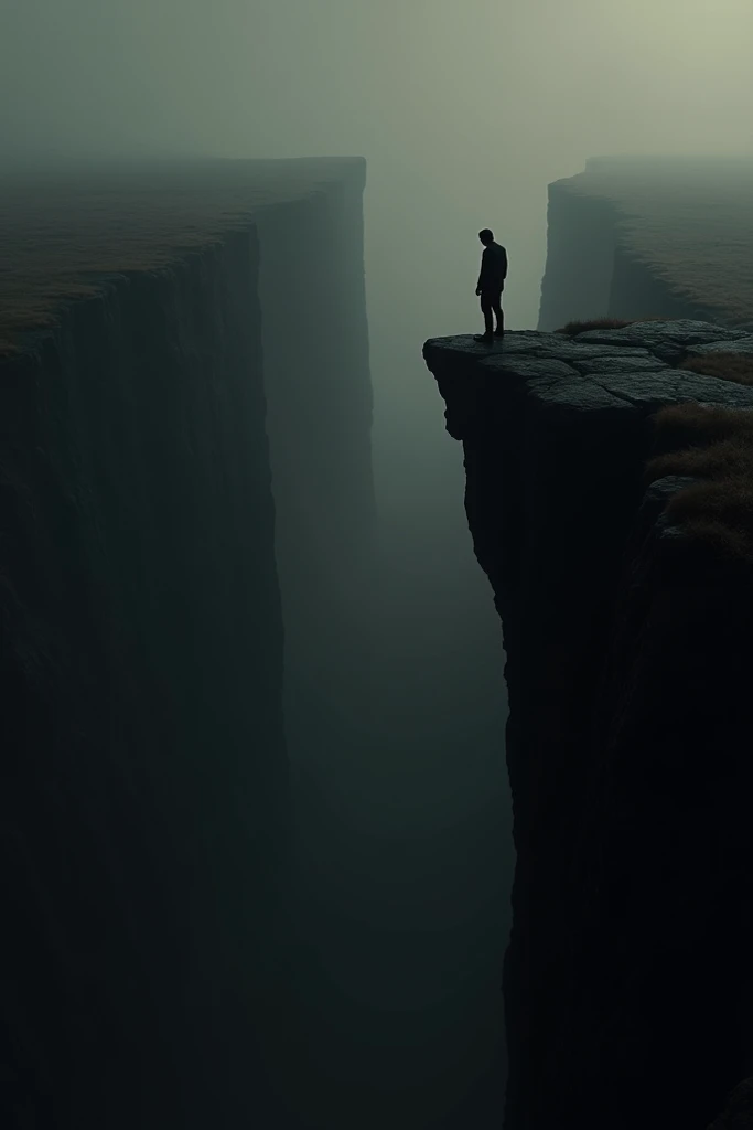 Man preparing to jump to the edge of a cliff in front of him theres nothing just an empty and dark space totally black