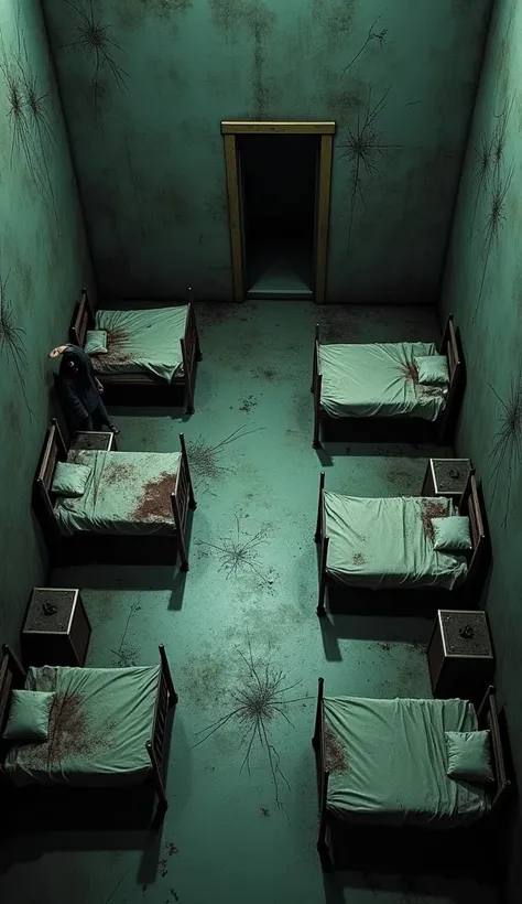 " an aerial view of the experimental chamber , with untidy beds ,  dirty walls and scratch marks made by the prisoners."