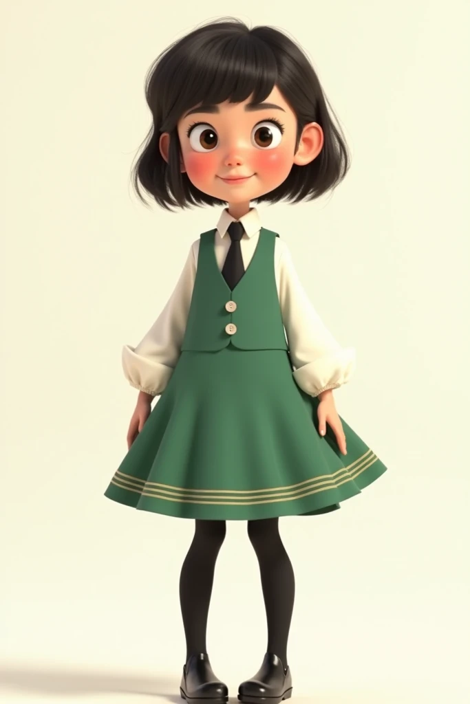  Animated image of a girl wearing a white shirt black tie . Green long sleeve v-neck dress with buttons ,  gray and blue skirt horizontal and vertical lines.  Long black tights that cover the entire leg 