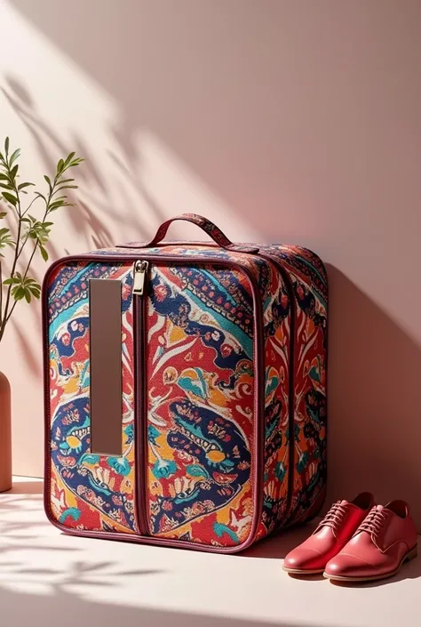 "Design a detailed image of a batik-inspired shoe storage bag. The bag features vibrant and intricate traditional batik patterns, showcasing cultural elegance. It includes a big built-in mirror on one side, seamlessly integrated into the design, enhancing ...