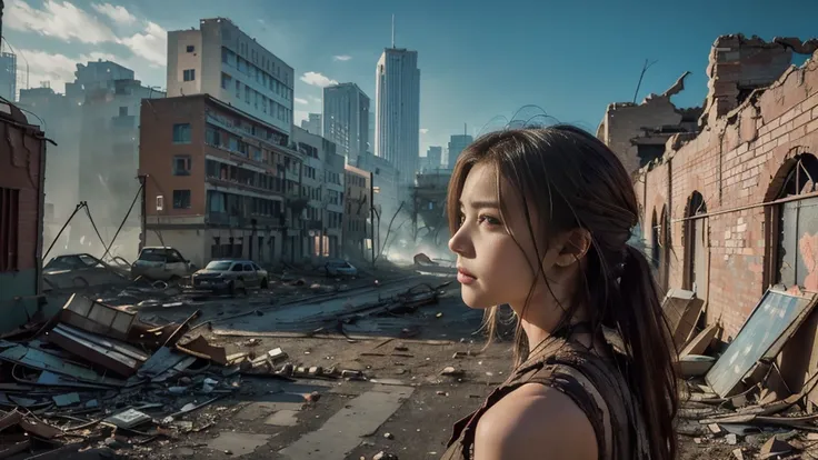 masterpiece, high resolution,8K,(Portrait Photos:1.5),(R Original Photo),Reality,Digital Photography,(Apocalyptic ruins ),City ruins，beautiful 20 year old woman，sentry， post-apocalyptic scene， upper body photography ， broken clothes