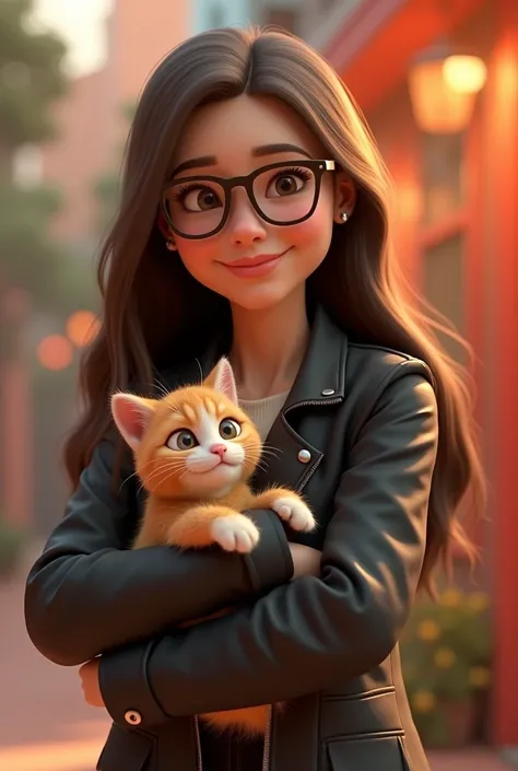 Animated 3d woman with long smooth dark brown hair who wears glasses who smiles and wears a black poleron and who carries a cat with her 