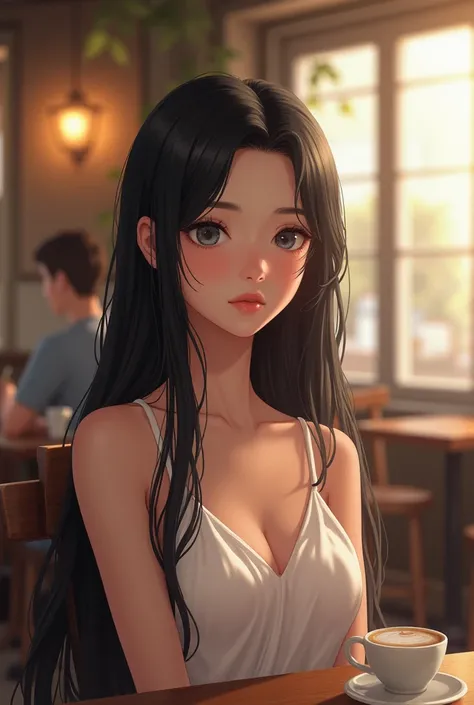 young woman, long black hair, gray eyes, wear white dress, cafe background, HD animation