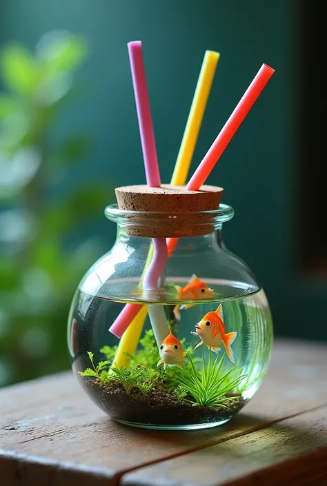 Round jar that has a cork at the tip and has two straws on the cork and that has a fish tank pump inside 