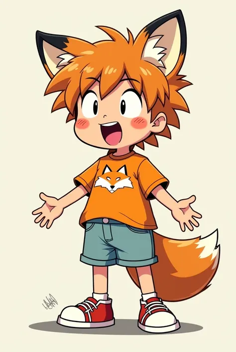 Hes a teenager and has messy orange :
 hair
He has fox ears but has a normal human face
He wears an orange blouse with a fox symbol in the middle.
He wears light blue shorts
He wears a red and white shoe 
He has a fox tail 
He is always happy
Do it manga s...