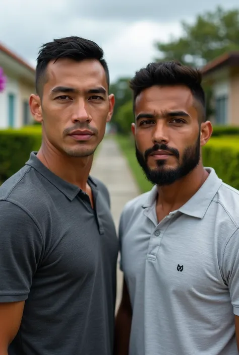 Take a headshot of a handsome Panamanian man with an ugly Panamanian man in an upper-middle class neighborhood.