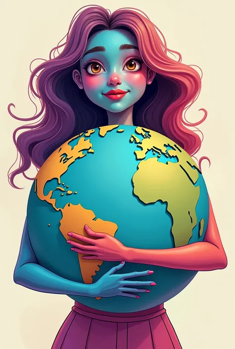 A colorful woman ,  with multi-colored skin ,  embracing the globe, Based on cartoon
