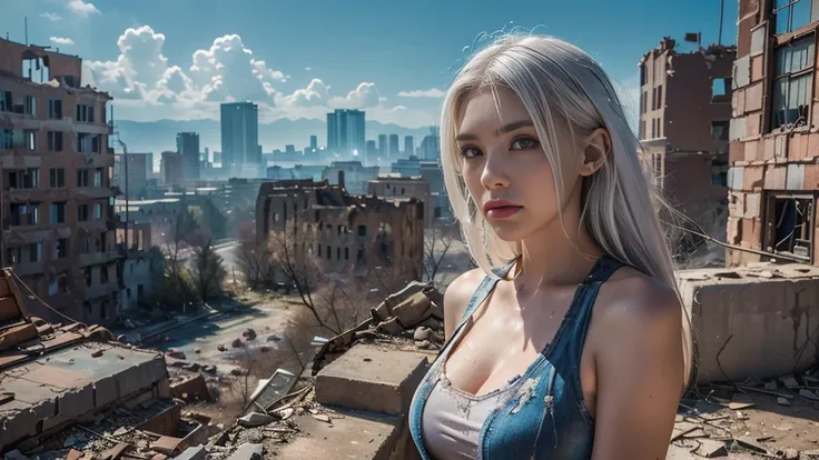 masterpiece, high resolution,8K,(Portrait Photos:1.5),(R Original Photo),Reality,Digital Photography,(Apocalyptic ruins ),City ruins，beautiful 20 year old woman，White hair，sentry， post-apocalyptic scene， upper body photography ， broken clothes