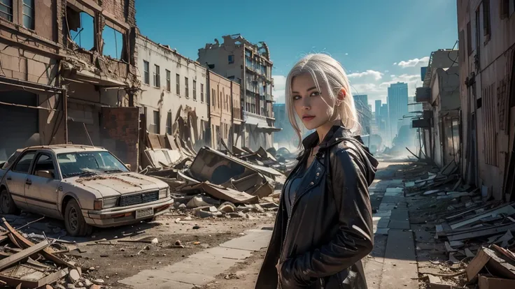 masterpiece, high resolution,8K,(Portrait Photos:1.5),(R Original Photo),Reality,Digital Photography,(Apocalyptic ruins ),City ruins，beautiful 20 year old woman，White hair，sentry， post-apocalyptic scene， upper body photography ， broken clothes