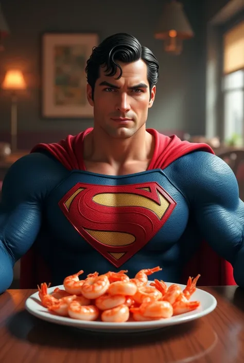 Superman eating shrimp realistic