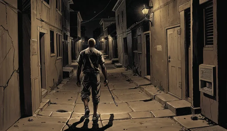 An African American father figure walking down a dark alley with glowing footsteps, symbolizing his journey toward redemption for his . illustrated in a comic book style