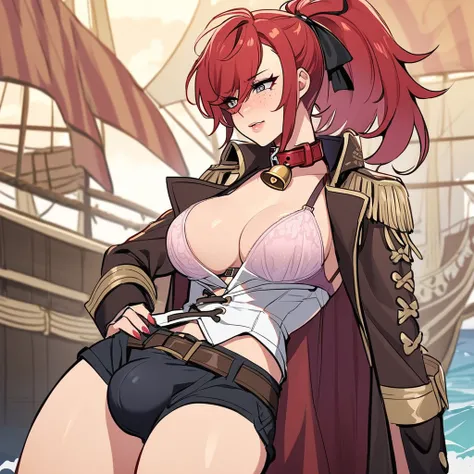 (beautiful femboy), femboy, feminine boy, feminine male, small bulge, fake chest, large chest, alone, pirate, red hair, freckles, ponytail, collar with bell, ship background, shoulder straps, bra, shorts, seductive, coat,