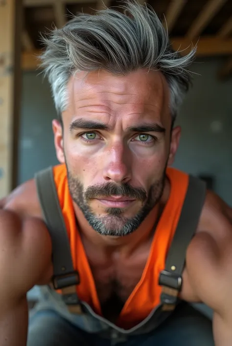 masterpiece, best quality, high resolution, closeup portrait, male focus, solo focus, A man, 25 years old, with construction worker uniform, unbuttoned work clothes,  full naked upper body, construction worker, silver grey hair, messy hairstyle, cute and s...