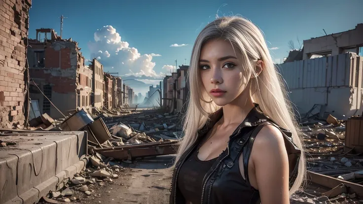 masterpiece, high resolution,8K,(Portrait Photos:1.5),(R Original Photo),Reality,Digital Photography,(Apocalyptic ruins ),City ruins，beautiful 20 year old woman，White hair，sentry， post-apocalyptic scene， upper body photography ， broken clothes