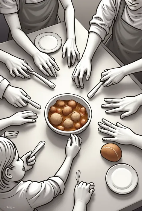  could you draw 3 people, mom, dad and a 5year old, just their hands on a table getting food from the table on the table there is stew and bread. I need the image to be very catoonish, in shades of gray and from a birds eye view