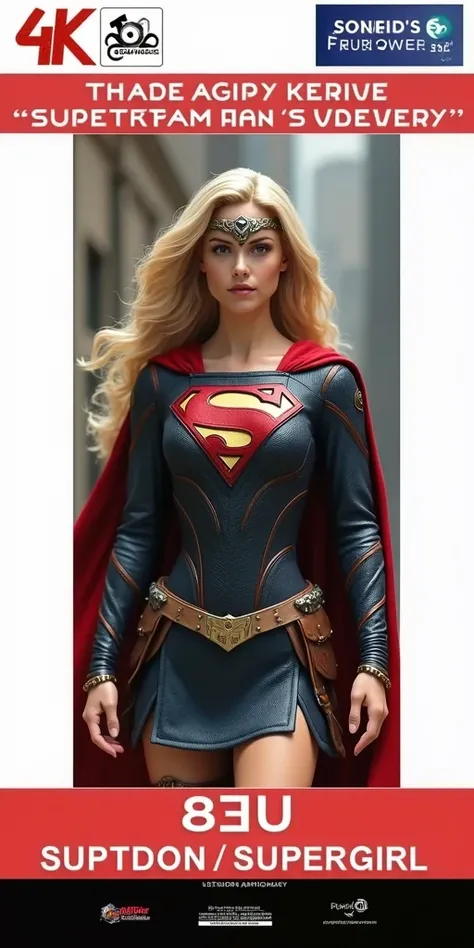  A beautiful woman with blonde hair wearing the Kryptonian costume Kara Zor-the alias Supergirl Corset in leather long red skirt Red boots knee-length headband on her forehead with the Superman emblem metal bracelets (((Wide brown harness on her suit ))),(...