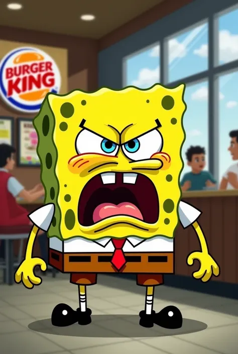 indignant spongebob in fast food restaurant burger king screams burger king shit
