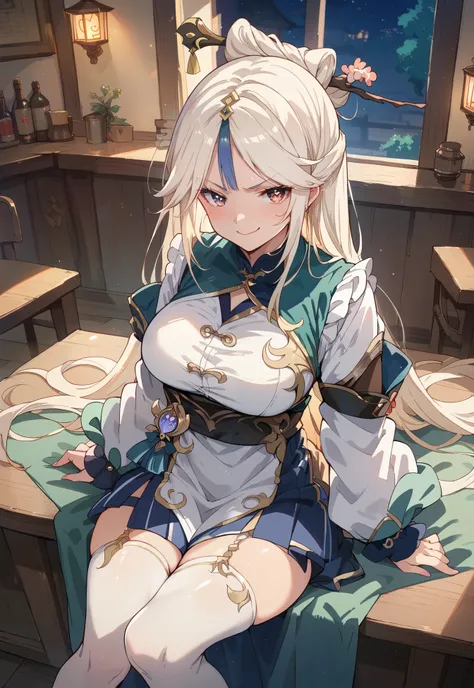 Ningguang, Genshin Impact, gyaru cosplay, smirk, blush, sitting on a chair, medieval tavern, night time,