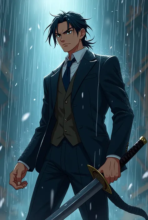 a 32-year-old adult man , in anime form, With a suit,  black hair,  with a sword in his hand and in the rain