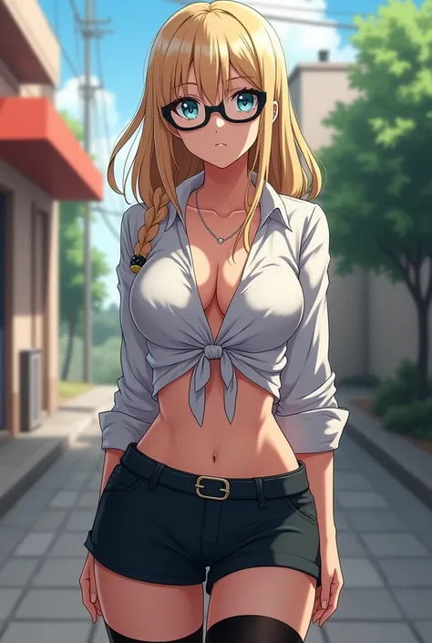 screenshot of my hero academia, light blonde hair,  bright blue eyes, (((oversized cat-eye glasses))), The shirt tied at the waist revealing her slim and curvy waist, slim with huge breasts, ((huge sexy breasts)), outdoors, with his cold gaze, wears a skir...