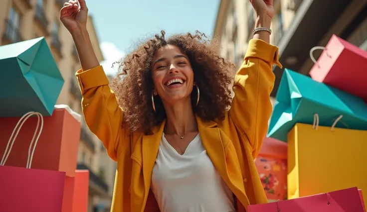 A girl in a model pose having fun after shopping, with many shopping bags around, (Burn hair:1.8), Mid shot, real photos, high quality, reality, (Dynamic pose: 1.7)