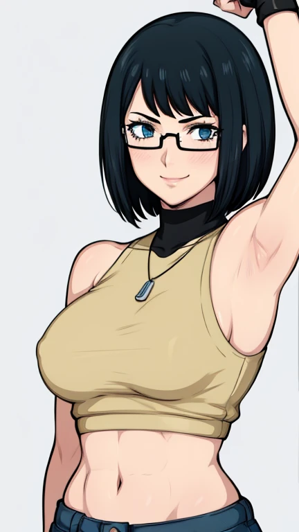 1girl, anime artstyle, masterpiece, highres, solo, 8k, detailed, perfect face, best quality, (ultra high quality), (looking at viewers), (armpit), collarbone, bare arms, bare shoulders, large breast, glasses,black hair color, short hair, belly, stomach, na...