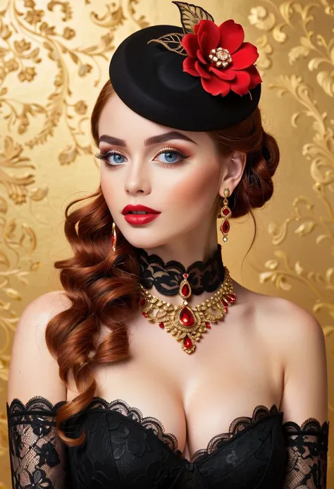 Create a beautiful woman, blue eyes, detailed eyelashes and eyebrows, red mouth, glow on the face, long red curly hair tied on one side of the head, hat, earrings and red stones necklace, ((perfect body)), wearing black lace dress red, Victorian style with...