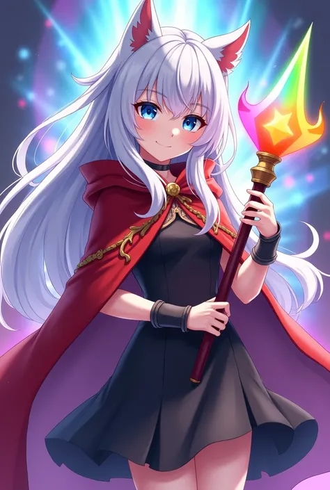 Anime girl white skin long white hair white skin blue eyes Megumin cosplay by Konosuba and a magic staff of colors rainbow background