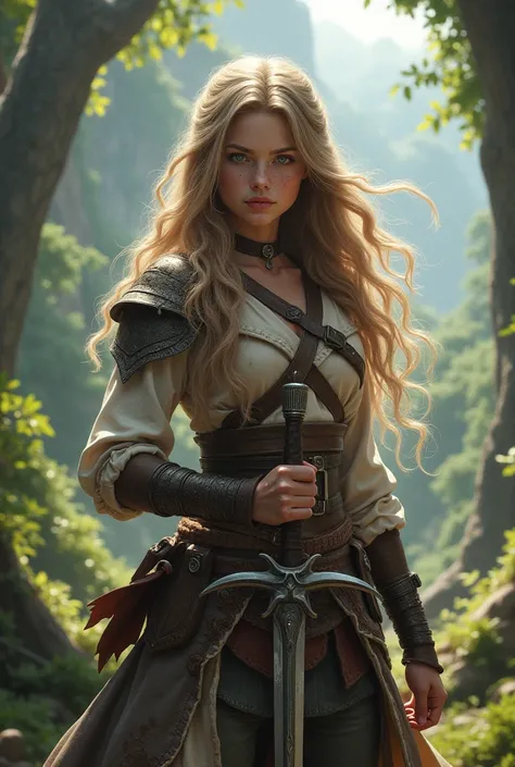 light drown hair 18 years old with freckles and grey eyes in a fantasy real called uthea with a sword and fighting leathers 