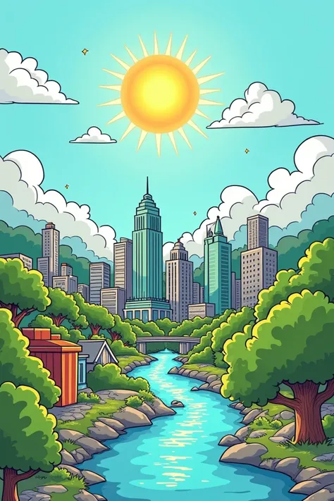 Create an easy cartoon style drawing based on a city with energy from garbage and solid waste with a city