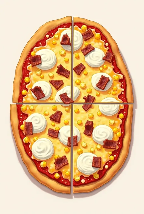 Vertical drawing of an eight-slice pizza, That I can print and cut ,  it has to be in such a way that after printing I can cut, I want a corn and bacon pizza