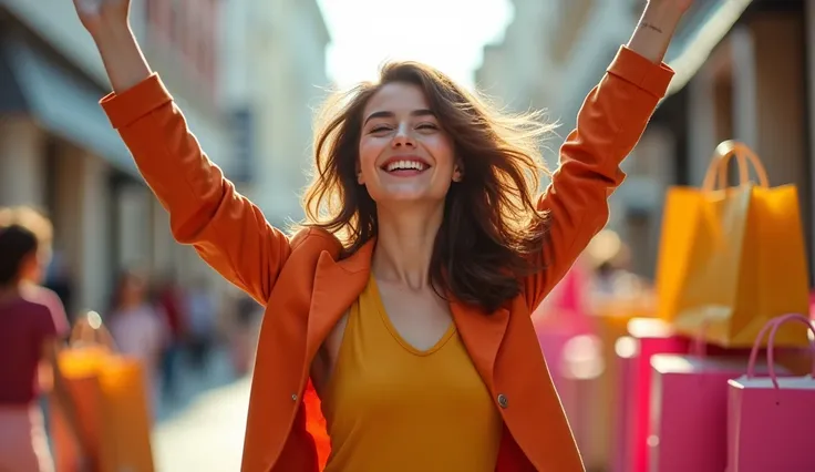 A girl in a model pose having fun after shopping, with many shopping bags around, (Burn hair:1.8), Mid shot, real photos, high quality, reality, (Dynamic pose: 1.7)