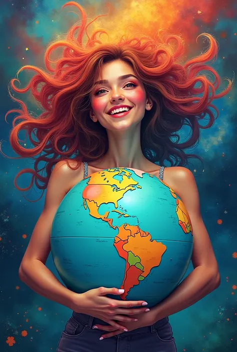 A colorful woman ,  with multi-colored skin ,  embracing the globe, baseado em disney cartoon 
