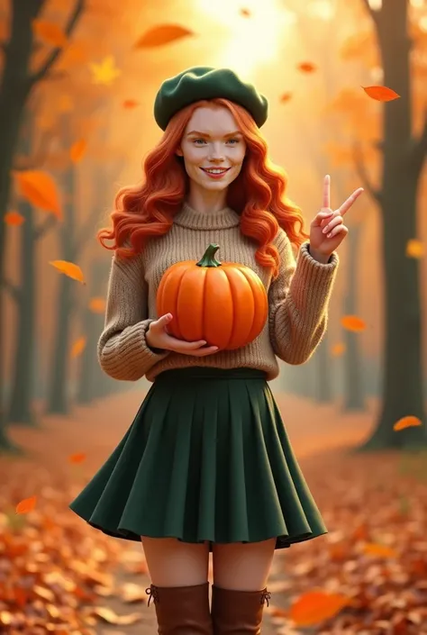 A young woman with long, wavy red hair (no bangs), wearing a dark green beret, a beige sweater, a dark green pleated skirt, and tall brown leather boots. She is holding a pumpkin in her hands, complementing the cozy autumn theme. She has a confident and sm...