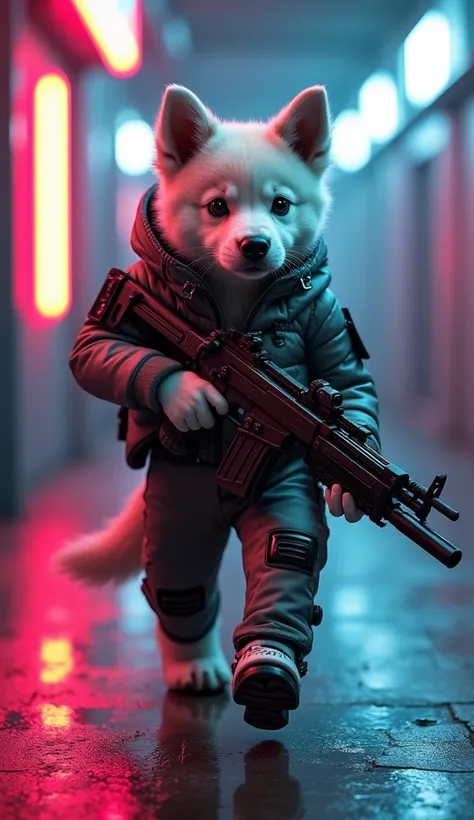 Small-sized male humanoid dog, with Cyberpunk  ,   walking with a futuristic machine gun. neon.   blurry cyberpunk style background  