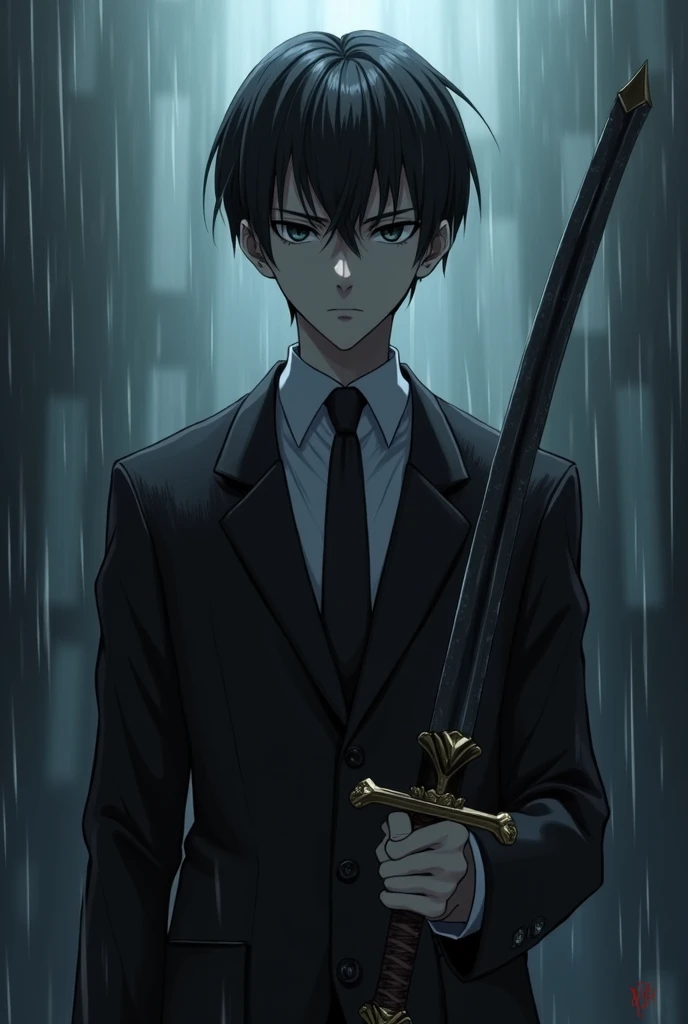 a 32-year-old adult male , in anime form, in a suit,  black hair, With a sword in my hand and in the rain and sad 